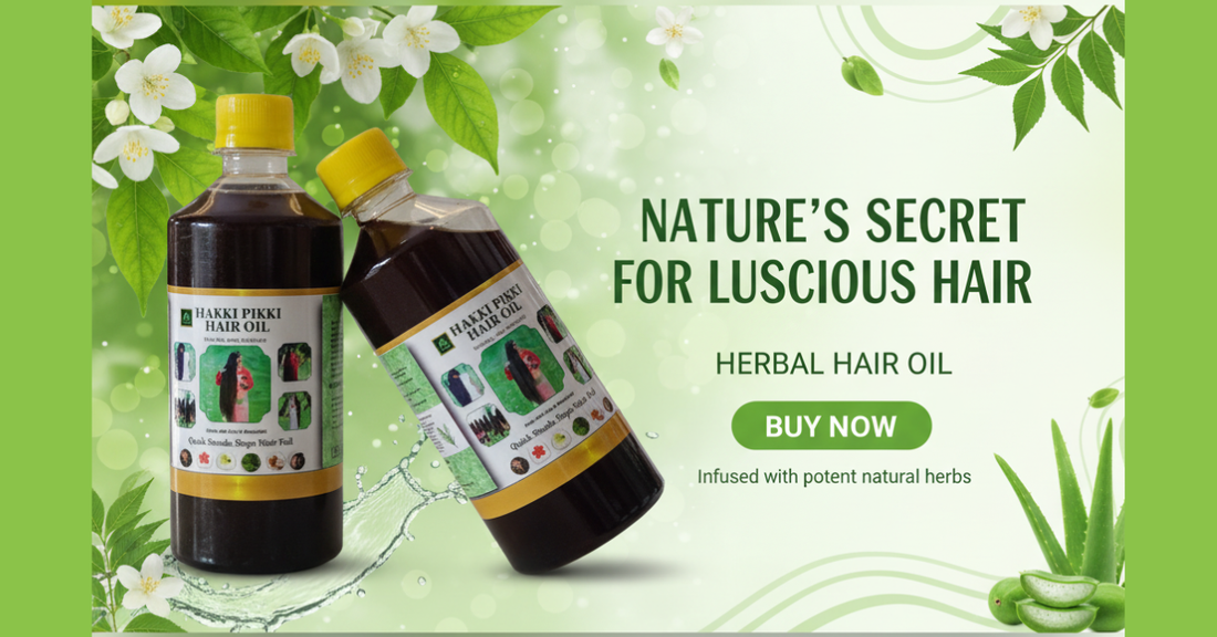 Two bottles of hakki pikki herbal hair oil with green leaves and flowers on a light green background.