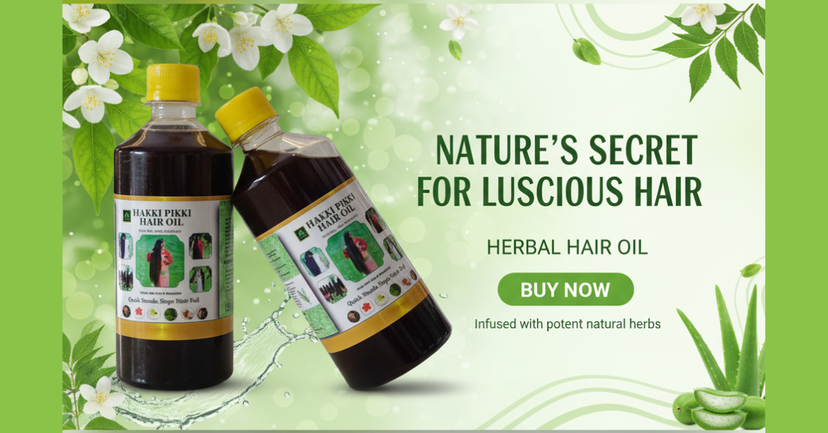 Two bottles of hakki pikki herbal hair oil with green leaves and flowers on a light green background.