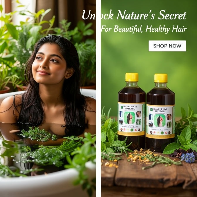 Woman with long hair in a bathtub surrounded by plants, with two bottles of hair oil on a wooden surface.