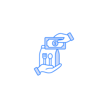 Icon of a hand holding a box with cutlery and money, on a white background