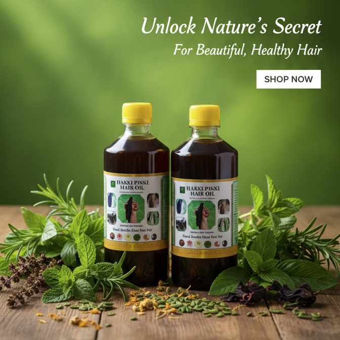 Two bottles of Harki Pinky Hair Oil with green leaves on a wooden surface and green background.