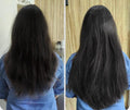 Side-by-side comparison of long black hair before and after a treatment, with a neutral background.
