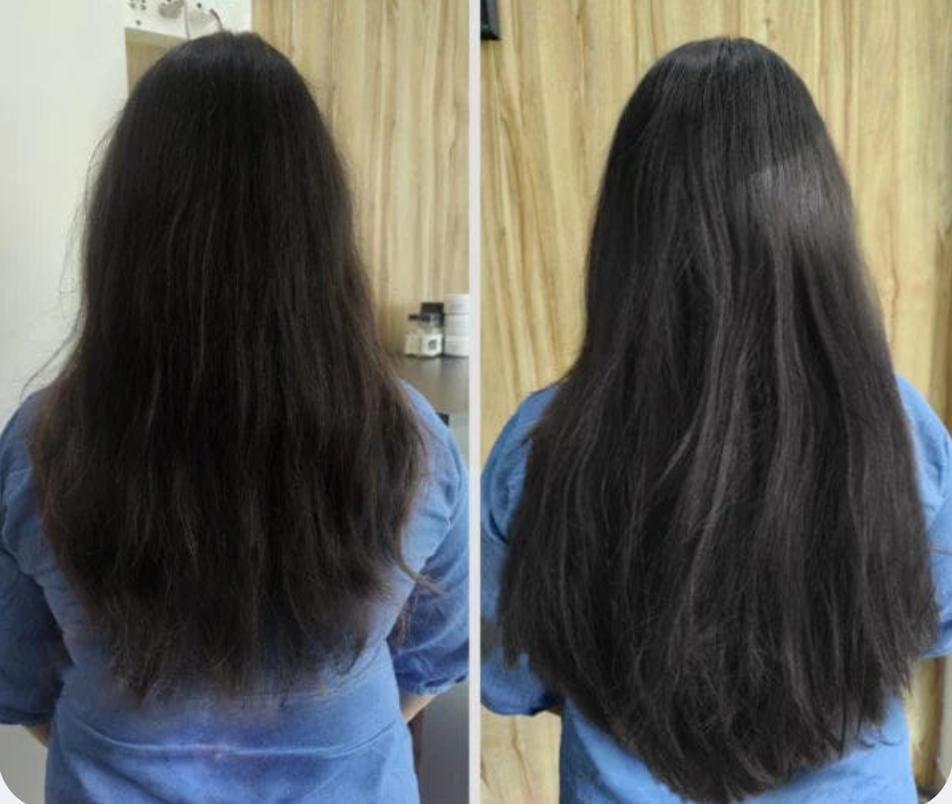 Side-by-side comparison of long black hair before and after a treatment, with a neutral background.