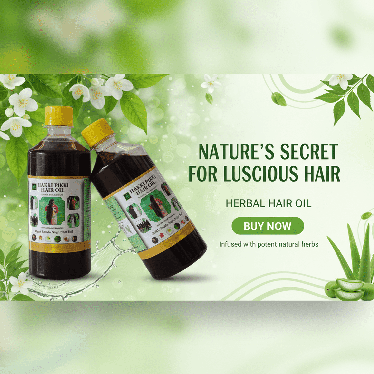 hakki pikki Two bottles of herbal hair oil with a green background and text promoting the product.