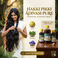 Woman with long hair standing next to a display of Hakki Pikki Adivasi Pure hair care products in a natural setting.