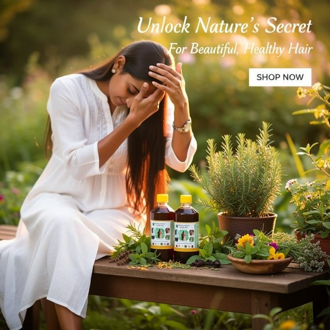 Woman with long hair sitting at a table with bottles and plants, promoting natural hair care products.