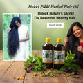 Promotional graphic for Haki Piikki Herbal Hair Oil showing two bottles of dark liquid hair oil on a wooden table with herbs, alongside inset photos of women with long black hair and text reading 'Unlock Nature's Secret For Beautiful, Healthy Hair.'.