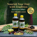 Two bottles of Hakki Pirkei hair oil with promotional text on a dark surface with greenery.
