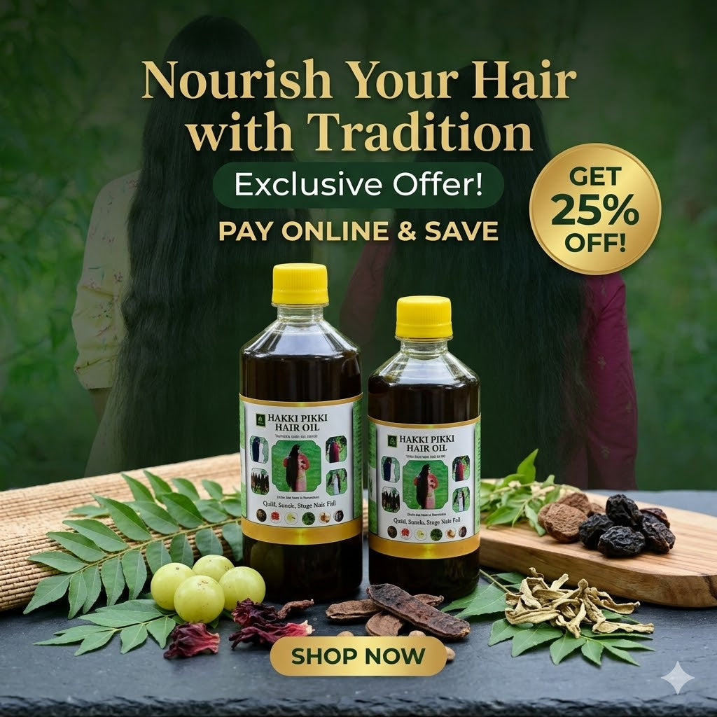 Two bottles of Hakki Pirkei hair oil with promotional text on a dark surface with greenery.