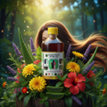 Hakki Pikki hair oil bottle surrounded by flowers and a woman with long hair in a forest setting