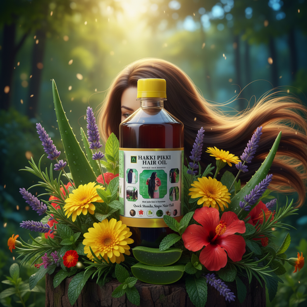 Hakki Pikki hair oil bottle surrounded by flowers and a woman with long hair in a forest setting