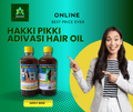 Advertisement for Hakki Pikki Adivasi Hair Oil with a woman pointing to the product on a green and yellow background.