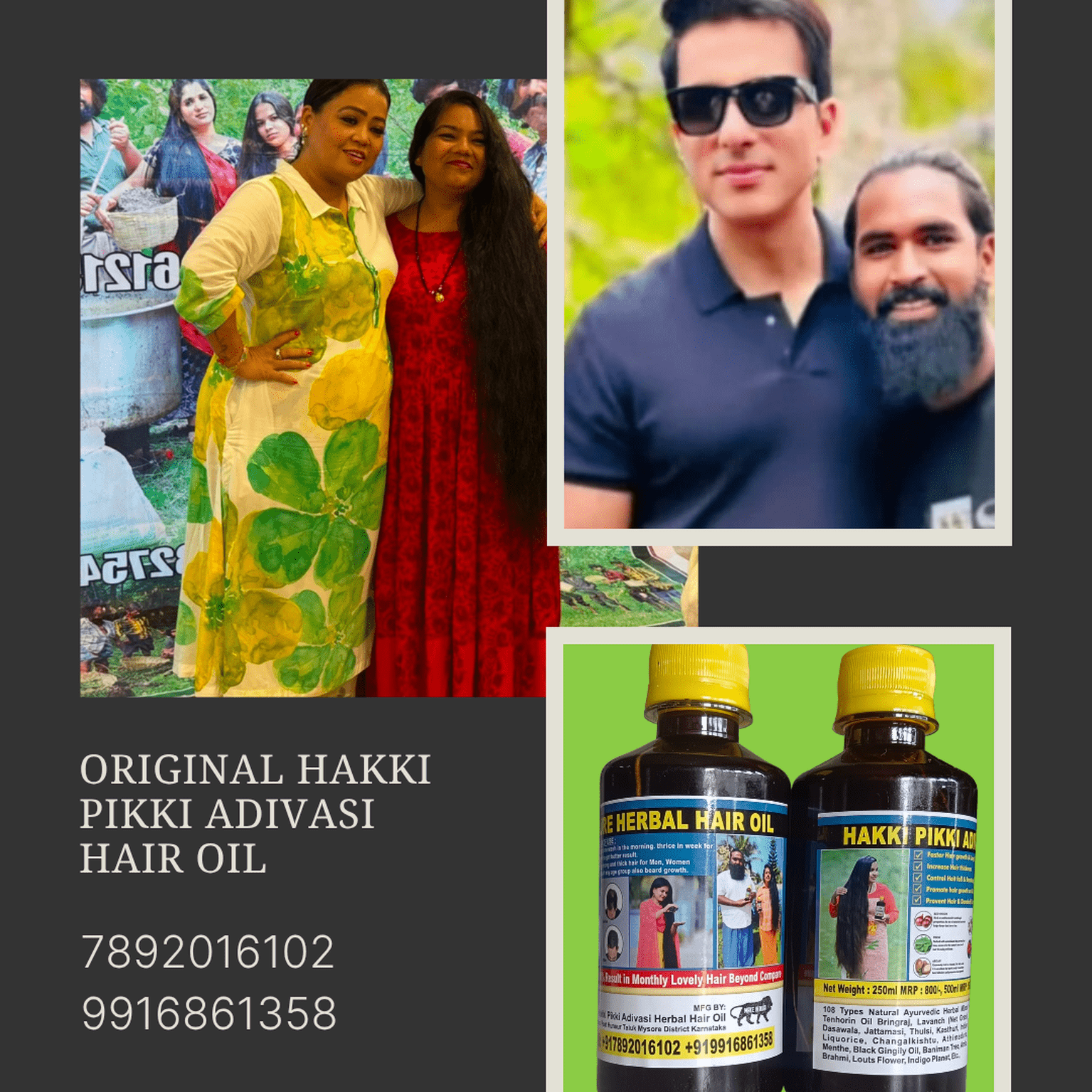 Collage of people with a focus on HAKKI PIKKI Adivasi Hair Oil bottles.