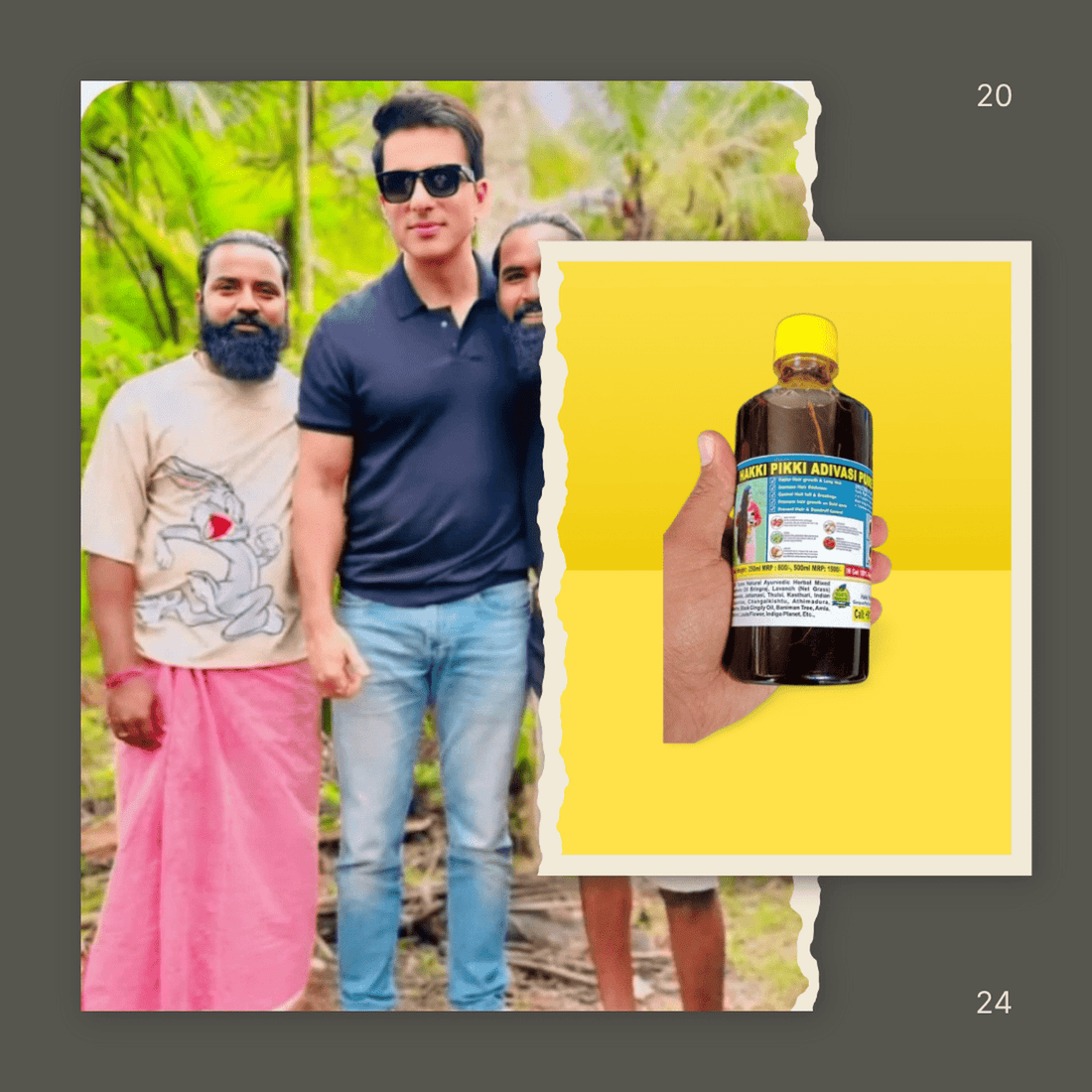 Three men standing outdoors with a inset of a bottle on a yellow background
