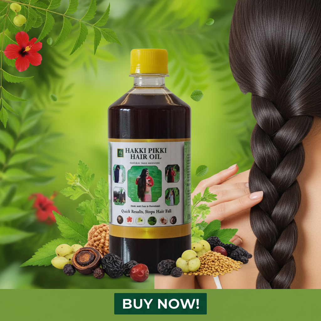 Hakki Pikki Hair Oil bottle with a woman's braided hair and natural elements on a green background