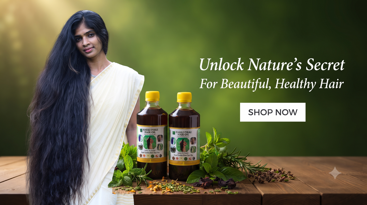A woman with extremely long, dark hair wearing a white sari stands beside two bottles of Full Chain Hair Oil on a wooden table with herbs, set against a soft green blurred background. Text on the right reads 'Unlock Nature's Secret For Beautiful, Healthy Hair' with a 'SHOP NOW' button.