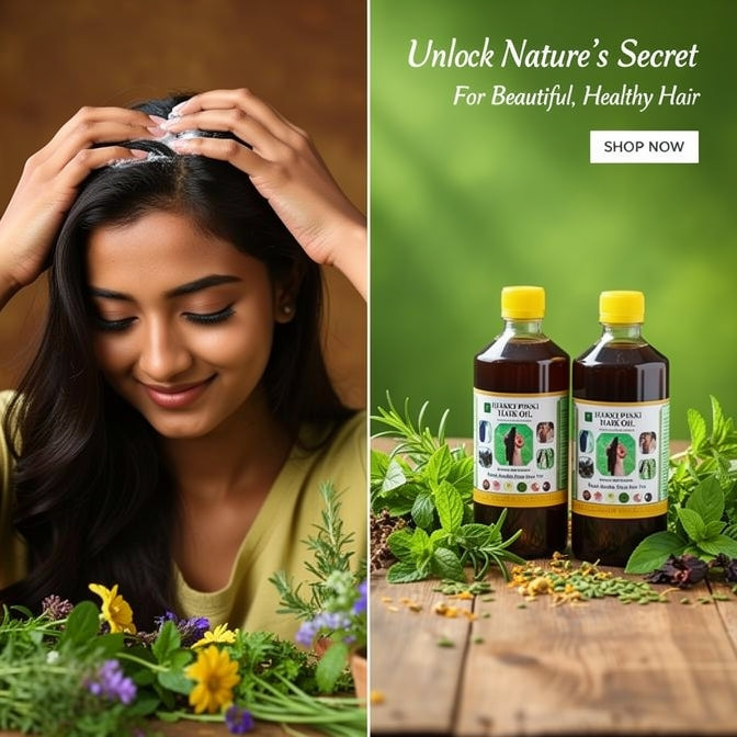 Woman with healthy hair and two bottles of herbal oil on a wooden table with green background.