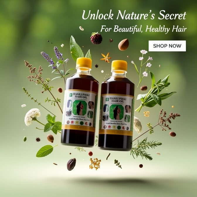 Two bottles of Hanke Pinky Hair Oil with natural elements on a green background, promoting healthy hair.